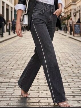 Veronica Beard grey High-Rise Relaxed Jeans with Side Rhinestone Trim